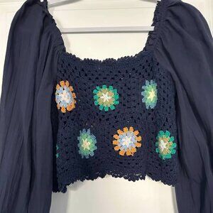 Aerie floral crochet long sleeve cropped top Medium